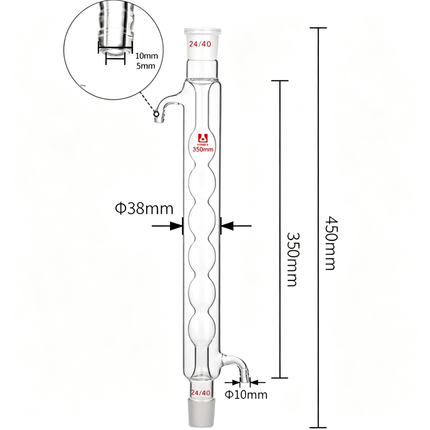 Borosilicate Glass Allihn Condenser Lab Reflux & Distillation Bulb Condenser 24/40 Joint Jacket Length 100mm to 600mm