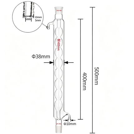 Borosilicate Glass Allihn Condenser Lab Reflux & Distillation Bulb Condenser 24/40 Joint Jacket Length 100mm to 600mm