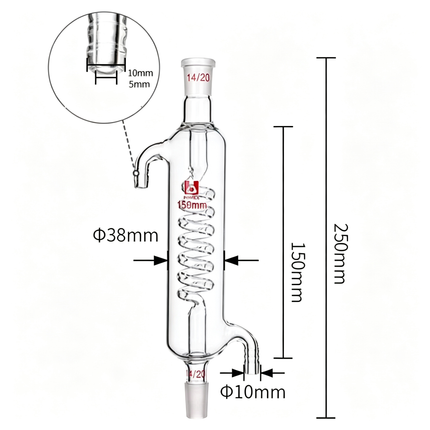 Laboratory Borosilicate Glass Graham Condenser Serpentine Spiral Coil 14/20 Joint 150mm 200mm 300mm