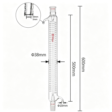 Borosilicate Glass Lab Graham Condenser Serpentine Spiral Condenser Column 24/40 Joint 200mm 500mm