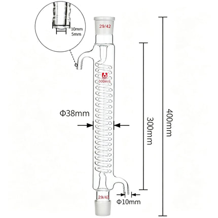 Borosilicate Glass Graham Condenser Serpentine Spiral Coil Condensation 29/42 Conical Joint 200mm to 600mm