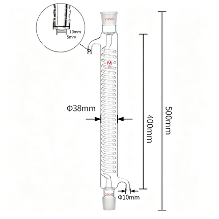 Borosilicate Glass Graham Condenser Serpentine Spiral Coil Condensation 29/42 Conical Joint 200mm to 600mm