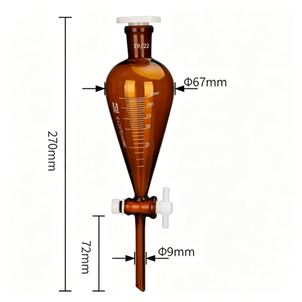 Amber Glass Conical Separation Funnel with PTFE Stopcock Lab Separating Funnel with 19/22 Joint
