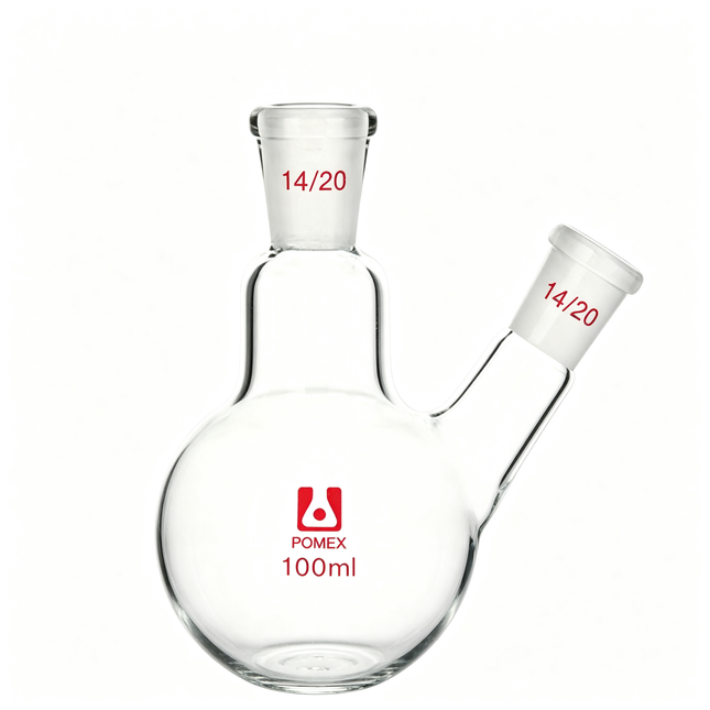 2-Neck Round Bottom Flask 14/20 Center & Side Taper Outer Joints 100ml