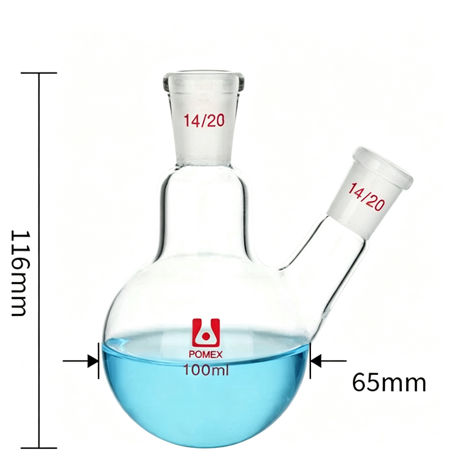 2-Neck Round Bottom Flask 14/20 Center & Side Taper Outer Joints 100ml